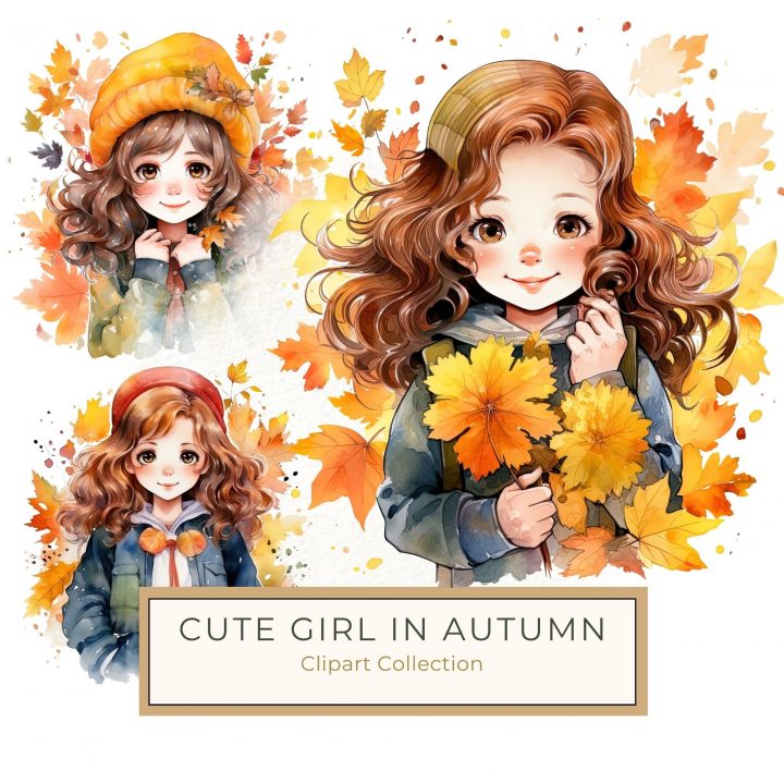 Autumn Girl Illustration: Watercolor Fall Leaves Digital Art for Crafts & DIY Projects, autumn girl art, watercolor fall leaves, cozy autumn illustration, seasonal digital art, fall craft supplies,1539501870