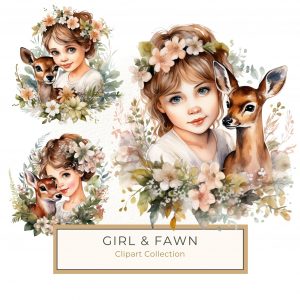 Whimsical Watercolor Girl with Fawn and Blossoms Clipart, watercolor clipart, girl and fawn, floral artwork, whimsical design, crafting resources,1540728334