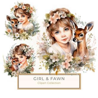 Whimsical Watercolor Girl with Fawn and Blossoms Clipart, watercolor clipart, girl and fawn, floral artwork, whimsical design, crafting resources,1540728334