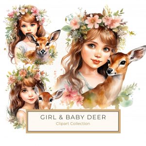 Whimsical Watercolor Girl with Deer and Floral Crown Digital Art, watercolor girl, deer artwork, floral crown illustration, whimsical digital art, nursery decor,1540733022