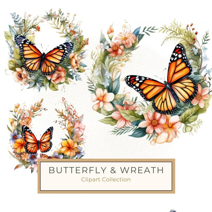 Watercolor Monarch Butterflies Wreath with Floral Accents Digital Clipart, watercolor clipart, butterfly wreath, floral wreath design, monarch butterfly art, nature-inspired design,1541328678