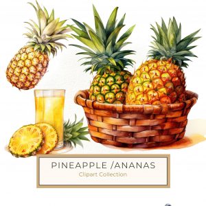 Tropical Pineapple Basket Watercolor Art - Vibrant Printable Design, pineapple watercolor, tropical decor, basket illustration, tropical clipart, DIY crafting,1541356166