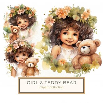 Adorable Watercolor Girl with Teddy Bear & Floral Crown - Perfect for DIY Crafts, watercolor girl, floral crown, teddy bear illustration, cute children art, scrapbooking decor,1542386952