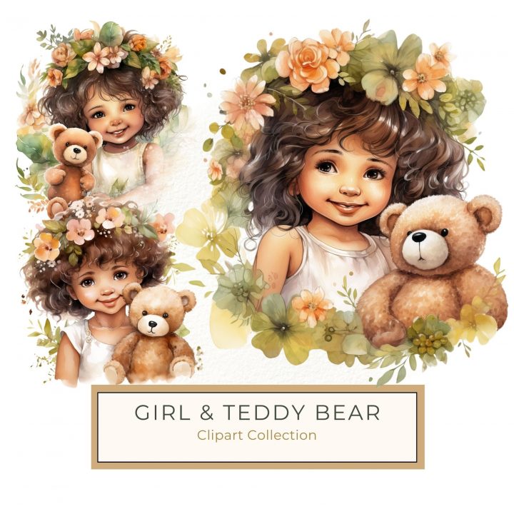 Adorable Watercolor Girl with Teddy Bear & Floral Crown - Perfect for DIY Crafts, watercolor girl, floral crown, teddy bear illustration, cute children art, scrapbooking decor,1542386952