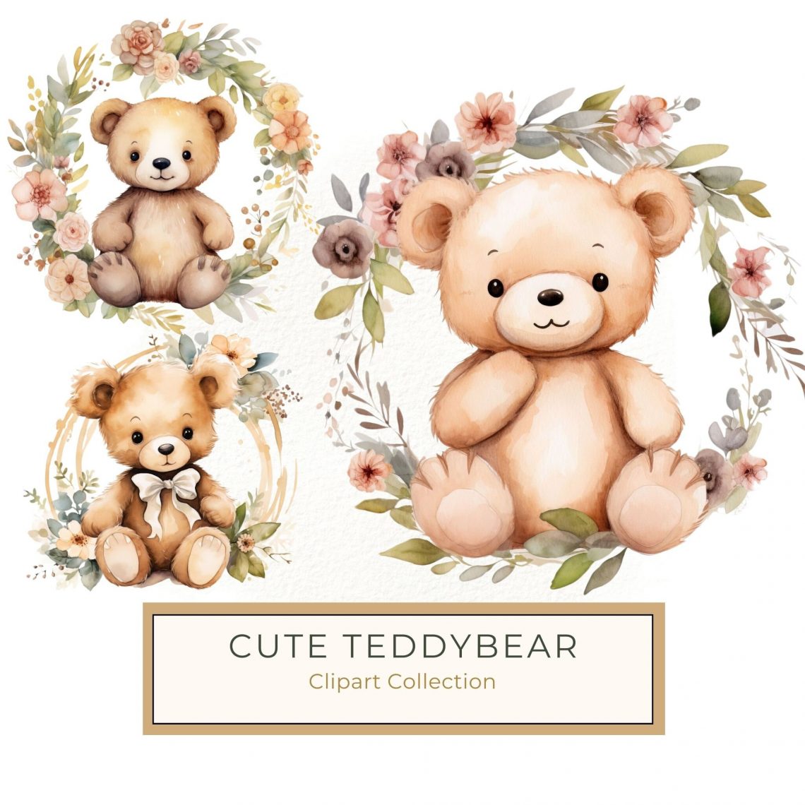 Adorable Watercolor Teddy Bear with Floral Wreath Clipart, Watercolor Teddy Bear, Floral Clipart, Pastel Artwork, Baby Shower Clipart, Scrapbooking Graphics,1542405314