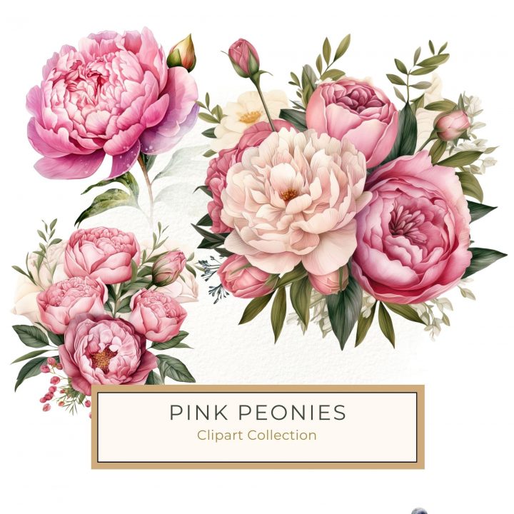 Watercolor Pink Peonies Clipart - Romantic Floral Digital Art, watercolor flowers, pink peonies, floral clipart, wedding design, digital art,1542927788