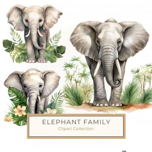 Watercolor Baby Elephant with Tropical Flowers Digital Clipart, watercolor elephant, baby elephant art, tropical flowers art, jungle clipart, nursery decor printable,1543148562