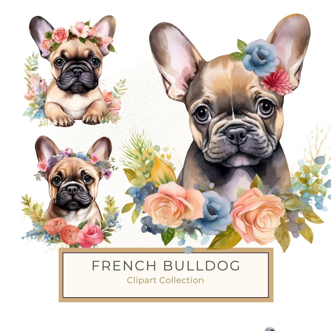 Watercolor French Bulldog with Floral Wreath Digital Art for DIY Projects, French Bulldog Art, Watercolor Dog Clipart, Floral Wreath Illustration, DIY Craft Supplies, Pet Lover Designs,1554689627