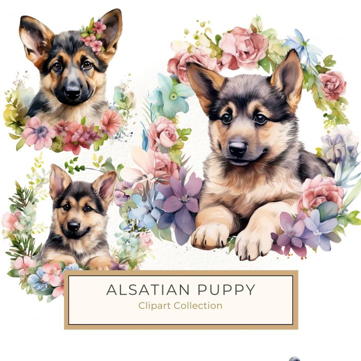 Adorable German Shepherd Puppy in Watercolor Floral Wreath Clipart, watercolor puppy clipart, German Shepherd floral wreath, dog themed digital paper, pet scrapbook graphics, watercolor animal art,1554719889