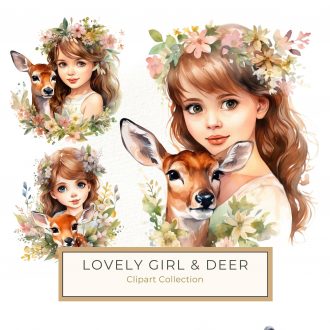 Enchanting Watercolor Girl with Fawn and Florals - Digital Art for DIY Crafts, watercolor girl, fawn illustration, floral clipart, nursery decor, DIY craft papers,1554921685