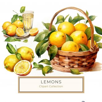 Rustic Watercolor Lemon Basket Clipart for DIY Crafts and Scrapbooking, watercolor lemons, lemon basket clipart, citrus DIY craft, farmhouse lemon art, rustic watercolor design,1555678669