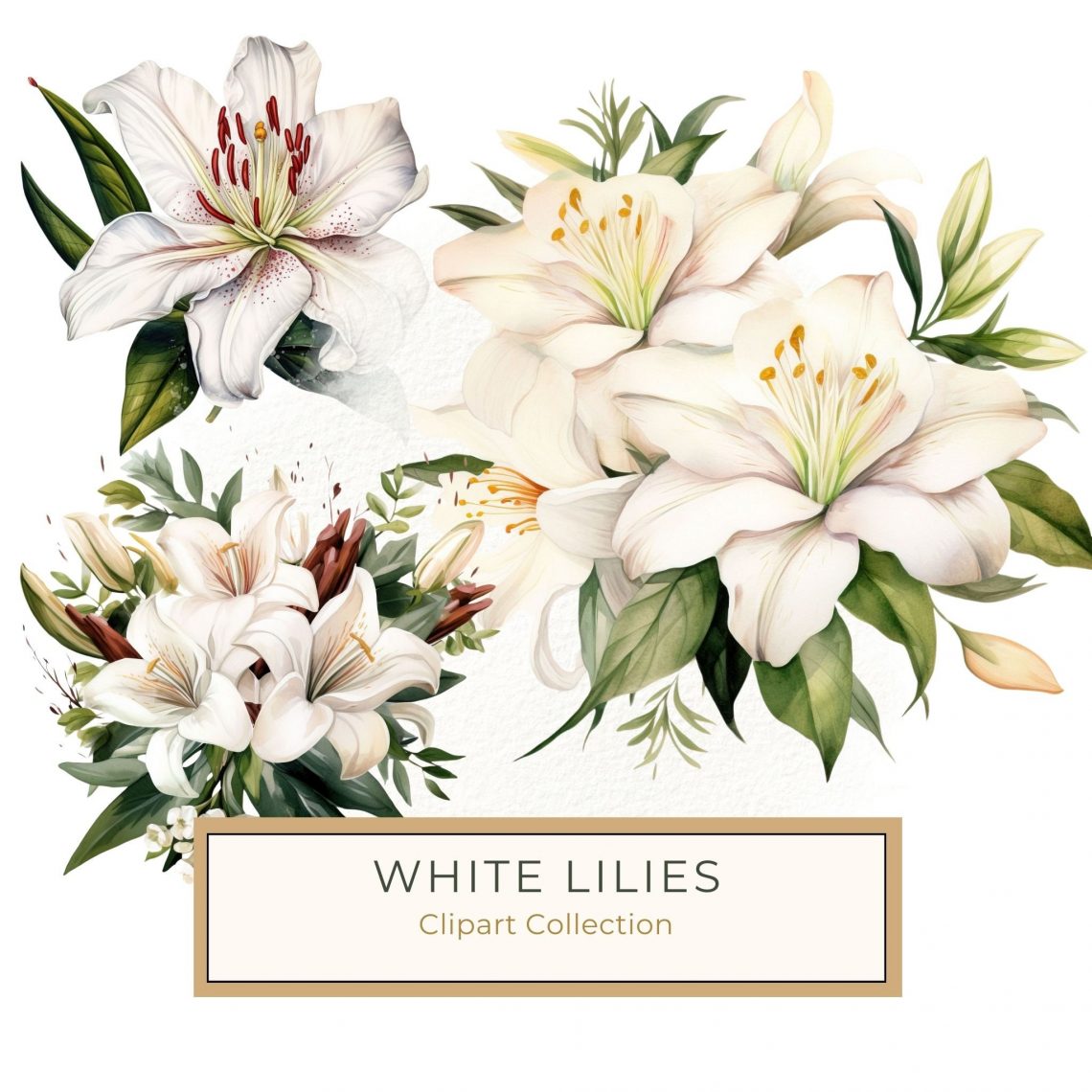 Watercolor Floral Bouquet with Roses and White Lilies - Perfect for DIY Crafts, watercolor flowers, floral clipart, roses and lilies, wedding design, DIY crafts,1556612777