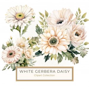 Elegant Watercolor White & Yellow Floral Bouquet - Digital Paper and Clipart, watercolor flowers, floral clipart, daisy illustration, elegant digital paper, botanical art,1557005749