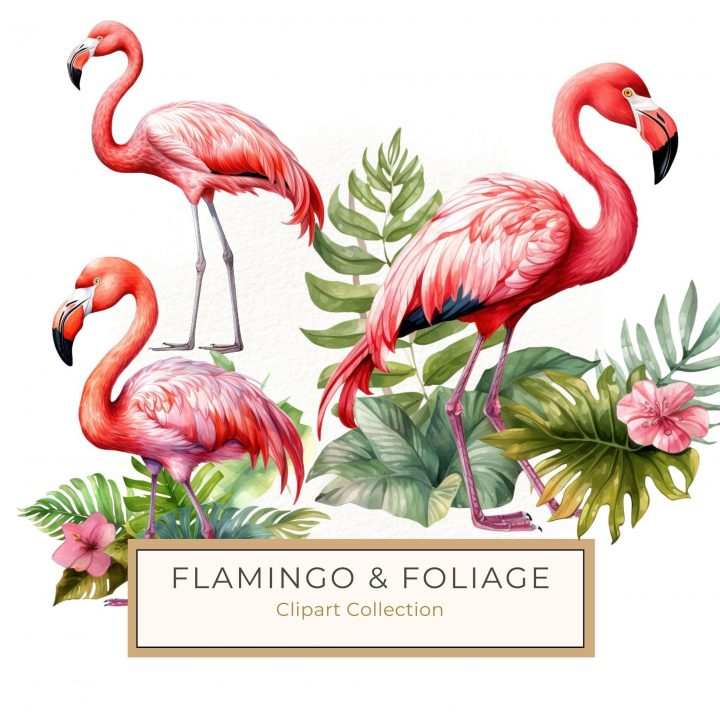 Tropical Watercolor Flamingo with Lush Leaves Digital Artwork, watercolor flamingo, tropical clipart, exotic bird art, pink flamingo design, lush green foliage,1557318833