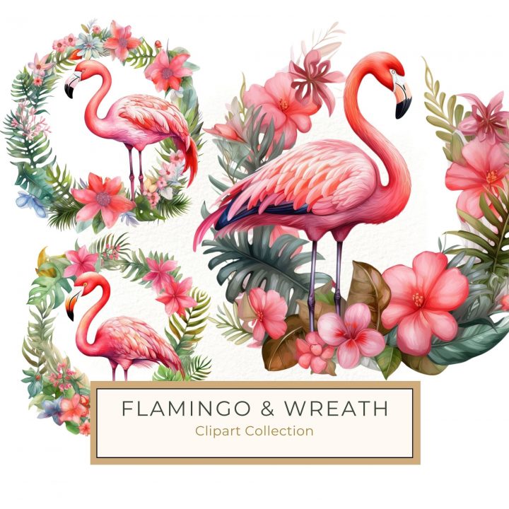 Elegant Watercolor Flamingo with Tropical Foliage Wreath Design, Flamingo clipart, Tropical wreath, Watercolor floral, DIY craft supplies, Scrapbooking design,1557324977