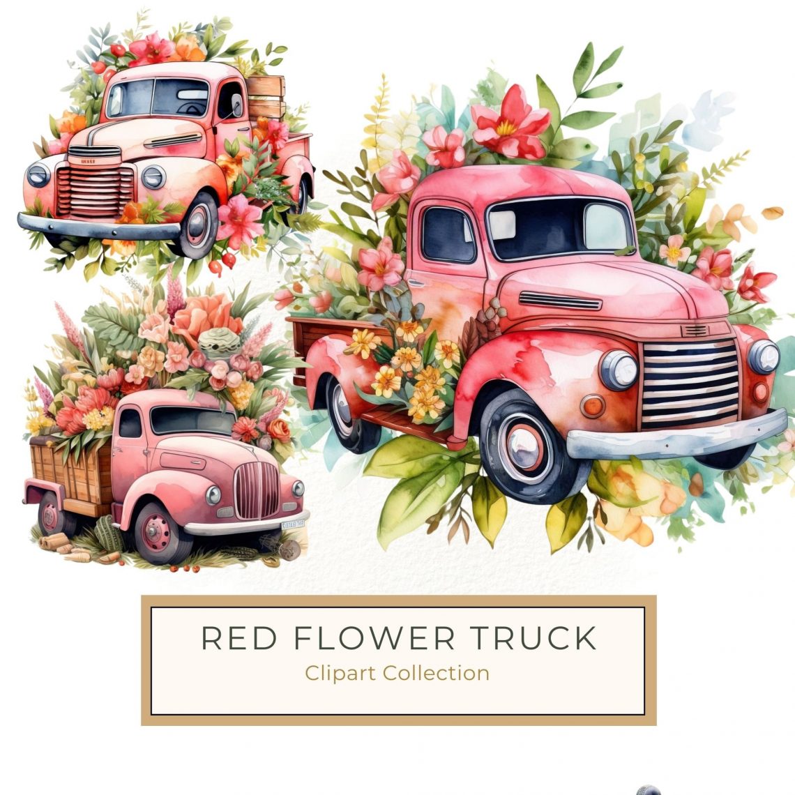 Vintage Pink Truck with Floral Watercolor Design - Perfect for DIY Projects, watercolor floral truck, pink vintage truck, rustic flower decor, DIY craft asset, country chic design,1557332893