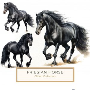 Majestic Black Friesian Horse Watercolor Clipart Digital Art, Black horse clipart, Watercolor horse art, Friesian digital art, Equestrian printable, Horse decor design,1573680062