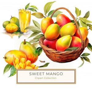 Vibrant Watercolor Mango Clipart with Lush Green Leaves, Watercolor Mango, Tropical Clipart, Mango Illustration, Greenery Design, DIY Craft Supplies,1586197737