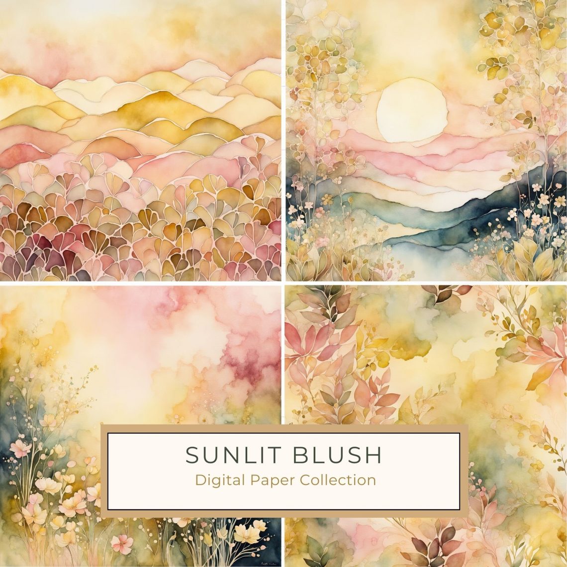 Dreamy Watercolor Botanical Background in Warm Sunset Hues, watercolor digital paper, botanical art, sunset tones, craft paper, floral wallpaper,1683014918