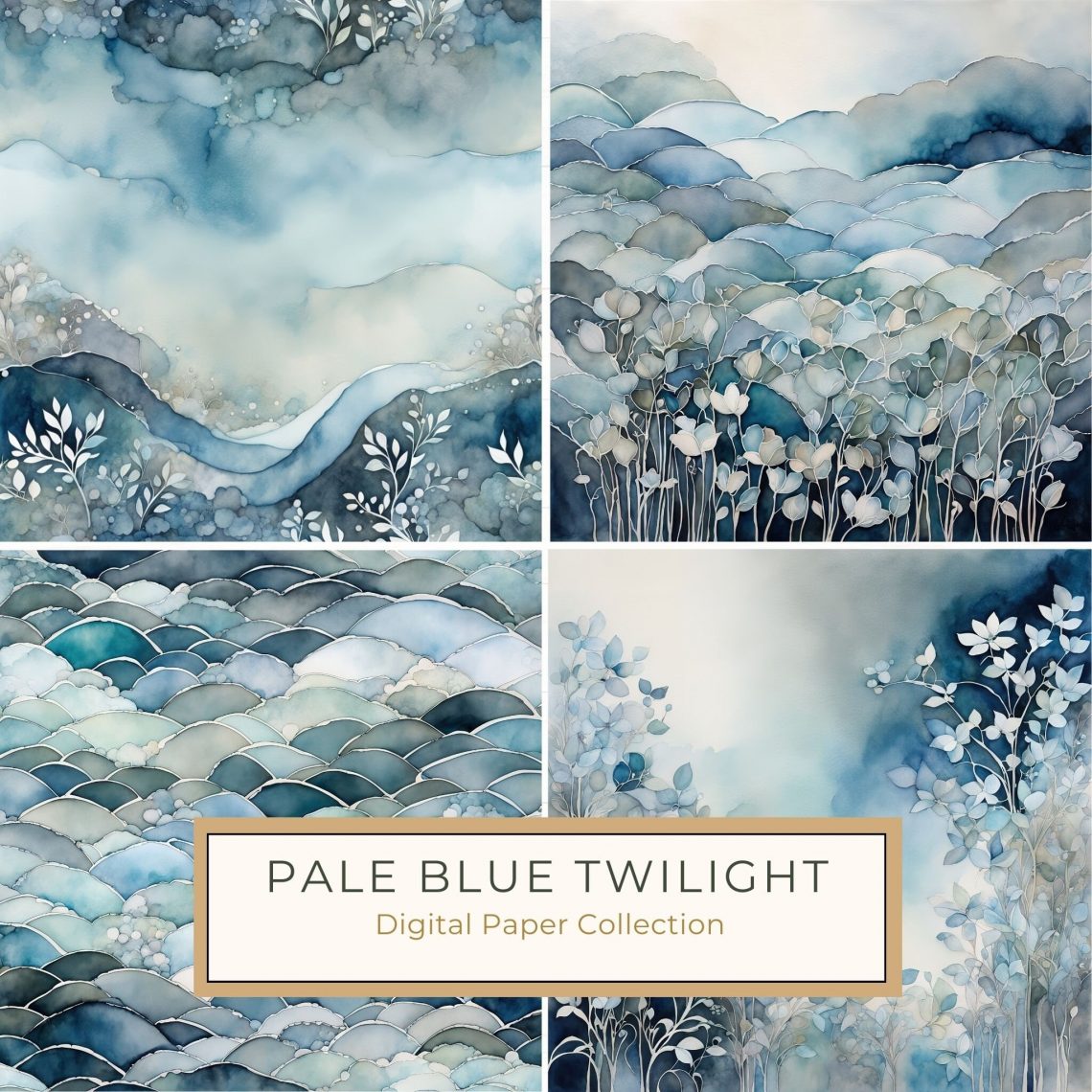 Elegant Watercolor Landscape with Foliage for Cards, Scrapbooking, and More, watercolor digital paper, blue and gray art, nature-inspired design, scrapbook background, DIY craft supplies,1684160658