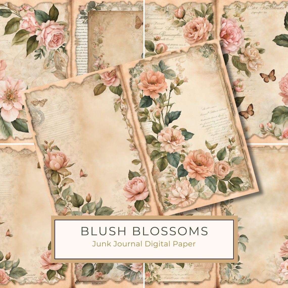 Vintage Floral Watercolor Digital Paper Set with Roses and Butterflies, watercolor flowers, vintage digital paper, floral scrapbooking, rose themed craft, butterfly journaling,1684480235