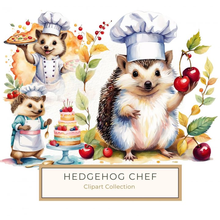 Adorable Watercolor Hedgehog Chef Clipart with Cherries & Leaves, watercolor hedgehog, chef clipart, cherries illustration, woodland animals, cute printable art,1689552120