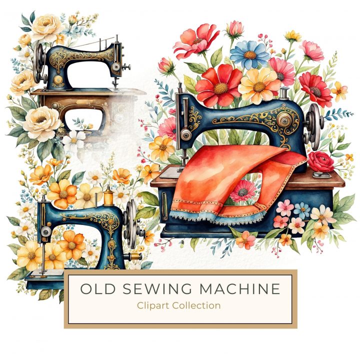 Vintage Sewing Machine Watercolor Clipart with Floral Accents, vintage sewing machine, watercolor floral, crafting clipart, digital art, DIY scrapbooking,1696097972