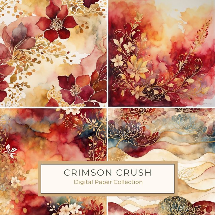 Elegant Watercolor Floral Pattern with Burgundy and Gold Accents, watercolor floral, burgundy flowers, gold accents, digital paper, scrapbooking design,1698286683