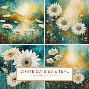 Elegant Watercolor White Daisies on Teal Background Digital Paper, watercolor daisies, teal background, floral digital paper, crafting paper, card making,1698350437