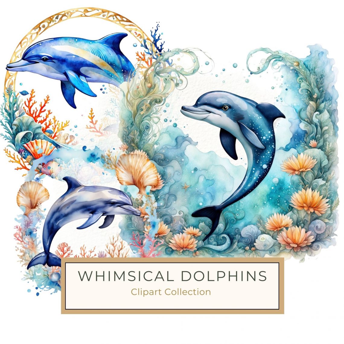 Stunning Watercolor Dolphin with Floral Ocean Design for DIY Projects, watercolor dolphin, ocean digital art, aquatic flowers, DIY crafts, marine theme clipart,1699318160