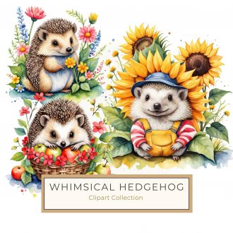 Adorable Watercolor Hedgehog and Floral Digital Clipart for DIY Projects, hedgehog clipart, floral watercolor, nature theme, scrapbooking art, whimsical DIY,1699449662