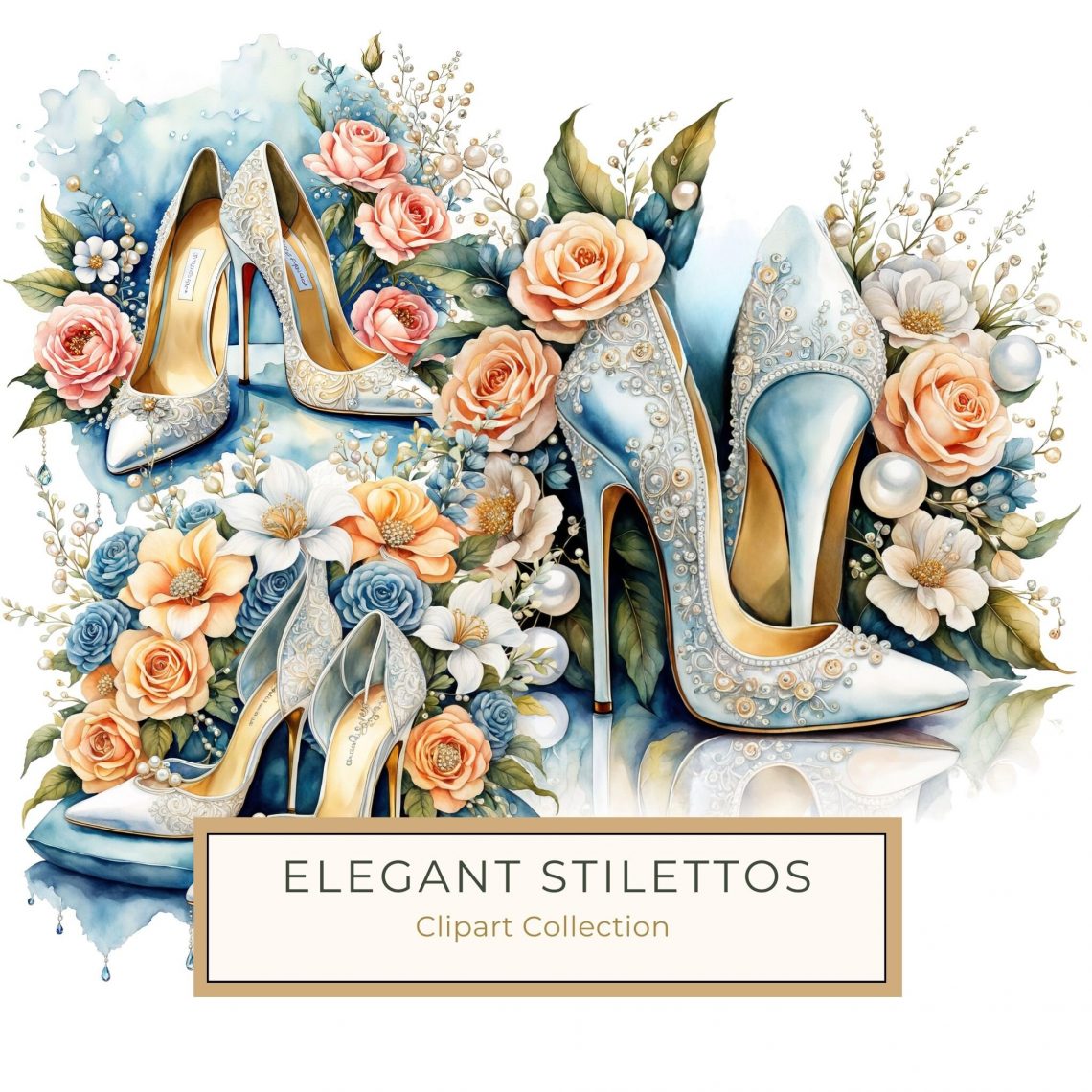 Elegant Watercolor Wedding Shoes with Florals Digital Art, watercolor wedding, floral heels, bridal art, romantic digital paper, wedding clipart,1699564122