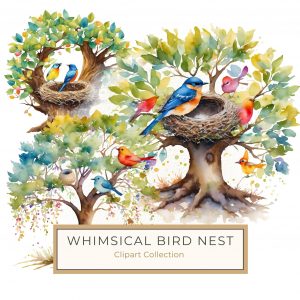 Whimsical Watercolor Birds in Tree with Nest Clipart for Crafts & DIY, watercolor clipart, birds in tree, nature art, scrapbooking supplies, cardmaking art,1699786146