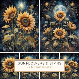 Ethereal Sunflowers Under Starry Sky - Watercolor Digital Art, watercolor sunflowers, floral clipart, starry sky art, ethereal watercolor, digital art print,1702056010