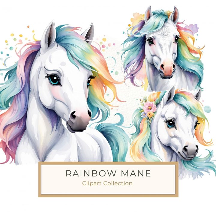 Whimsical Watercolor Rainbow Horse Art - Perfect for DIY Crafts, rainbow horse art, watercolor animal print, magical clipart, DIY craft supplies, whimsical decor,1707586085