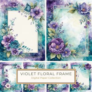 Elegant Watercolor Floral Frame with Purple Blooms and Aqua Background, watercolor floral frame, purple flowers digital paper, aqua background clipart, scrapbook backgrounds, wedding stationery design,1708184622