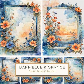 Elegant Watercolor Floral Frame - Orange and Blue Blooms, watercolor floral frame, orange and blue flowers, digital paper design, wedding invitations, crafting supplies,1708189712