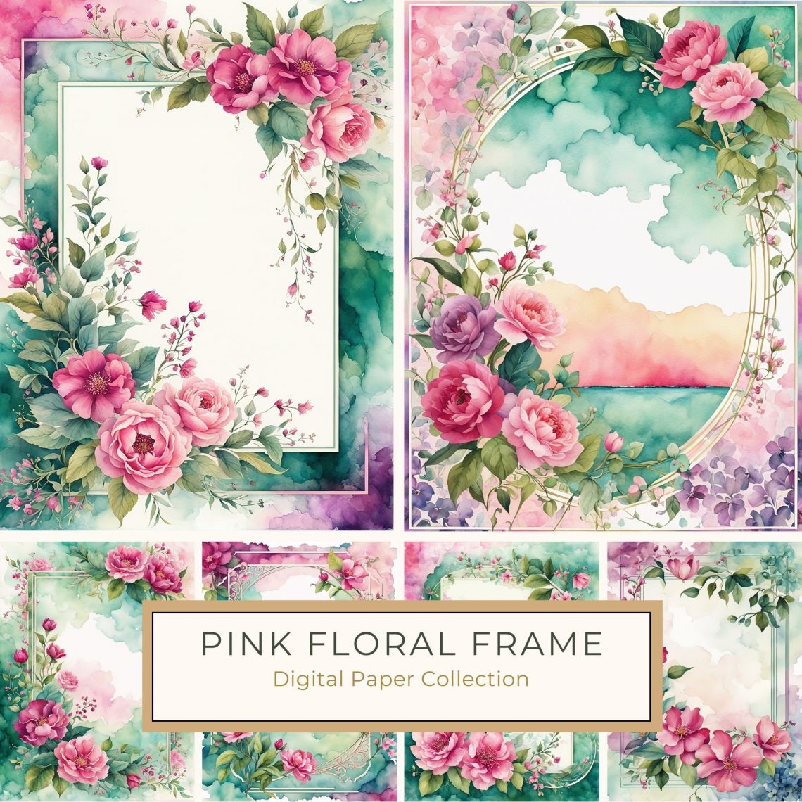 Watercolor Floral Frame with Pink Roses - Romantic Digital Paper, watercolor roses, floral digital paper, pink roses frame, DIY wedding invites, pastel background,1708193868