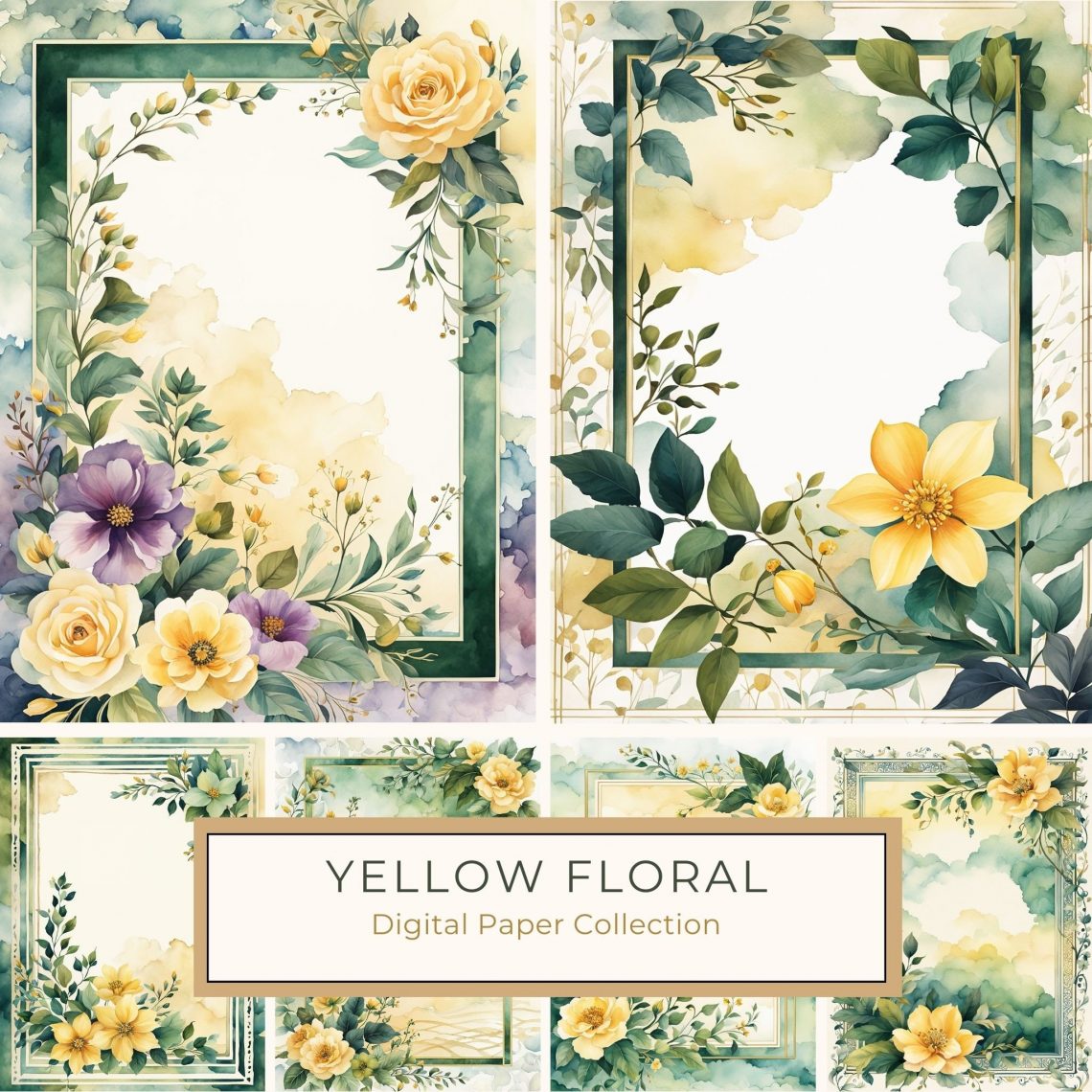 Yellow Floral Watercolor Background with Landscape for Creative DIY Projects, watercolor floral, yellow flowers, landscape background, DIY crafts, scrapbooking paper,1708195836