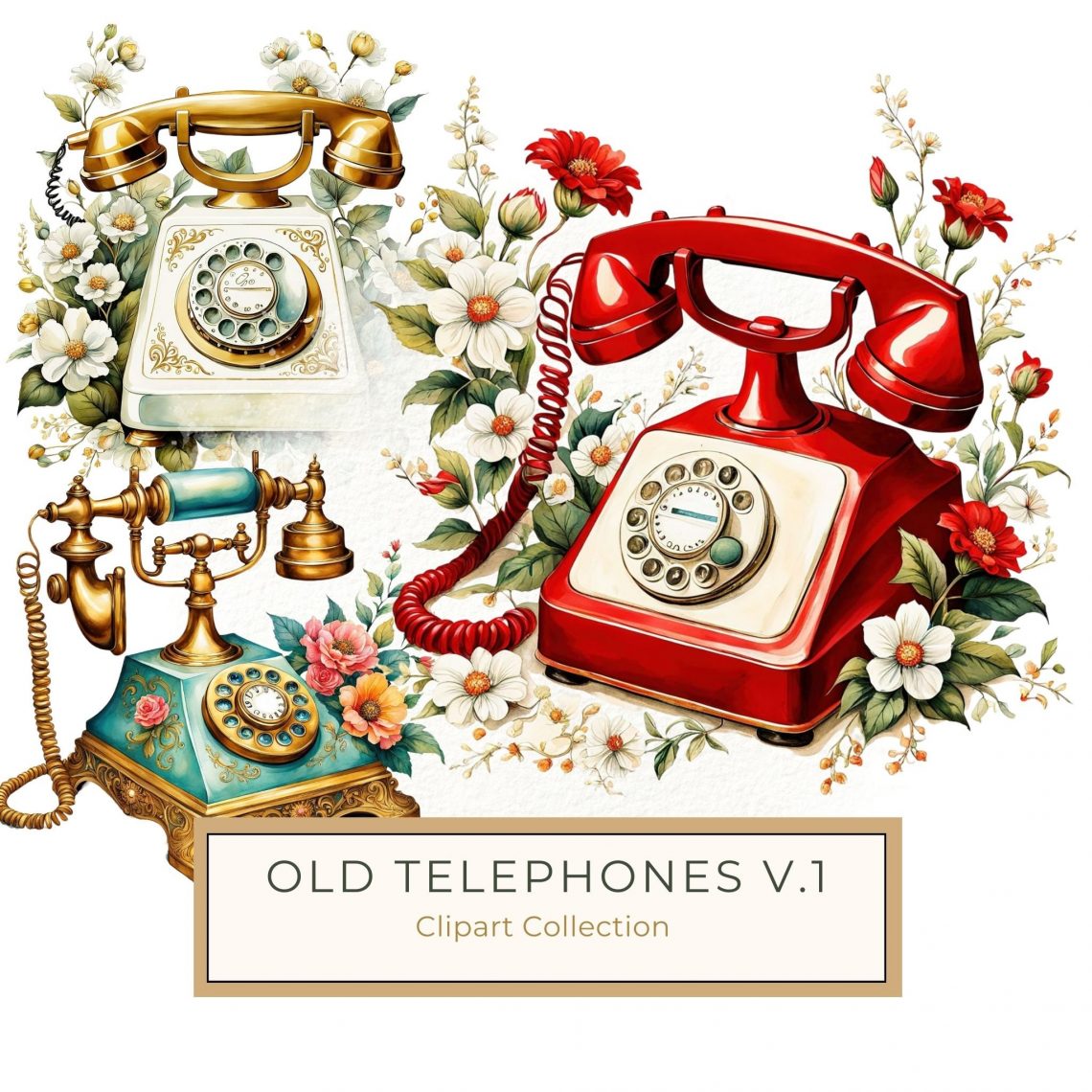 Vintage Gold Telephone with Orange Floral Watercolor Clipart for Crafts, vintage telephone, watercolor floral art, gold rotary phone, antique phone clipart, floral scrapbook design,1710291995