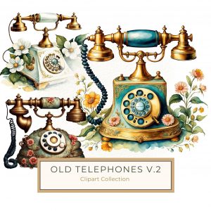 Vintage Watercolor Telephone with Elegant Floral Details, watercolor flowers, vintage telephone, floral illustration, antique aesthetic, DIY crafts,1710302679