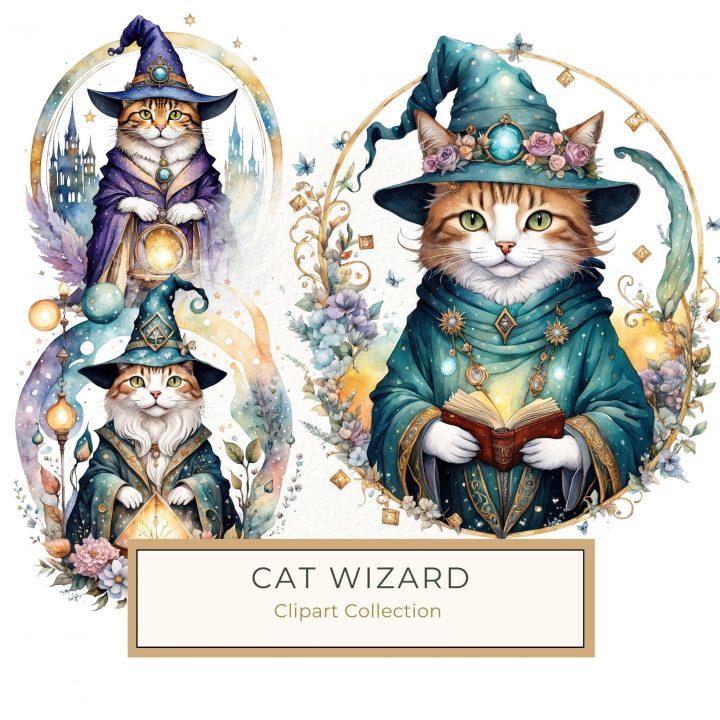 Magical Watercolor Cat in Wizard Hat with Lantern & Floral Accents, Mystical Cat, Watercolor Wizard Cat, Magic Lantern Art, Floral Fantasy Illustration, DIY Craft Clipart,1710379809