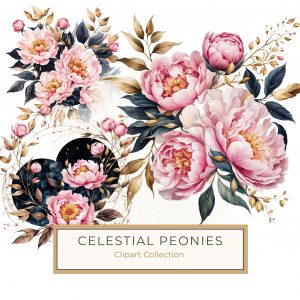 Elegant Watercolor Pink Peonies and Gold Foliage Digital Paper Clipart, watercolor peonies, pink flowers clipart, floral digital design, wedding invitations art, elegant floral graphics,1710499775