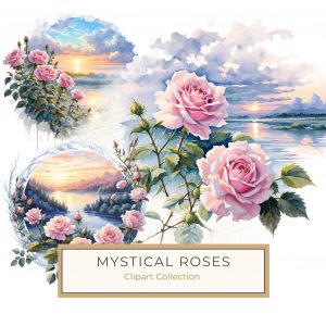 Watercolor Pink Roses with Scenic Lakeside Sunrise – Digital Paper Clipart, watercolor roses, pink flowers art, scenic sunrise clipart, floral digital paper, romantic scrapbooking,1710561593