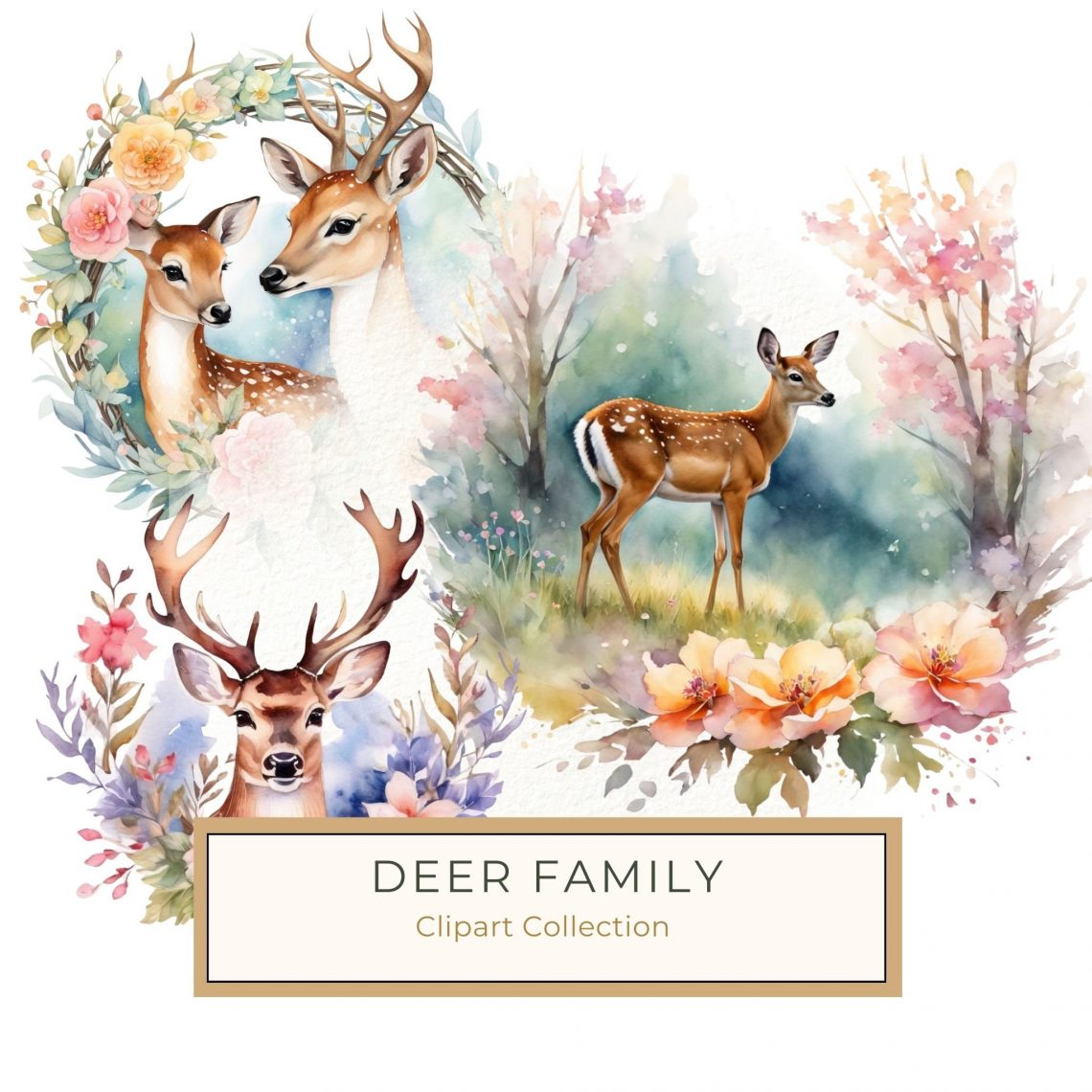 Elegant Watercolor Deer with Floral Wreath Digital Art, watercolor deer, floral wreath, rustic decor, nature clipart, digital illustration,1713484789