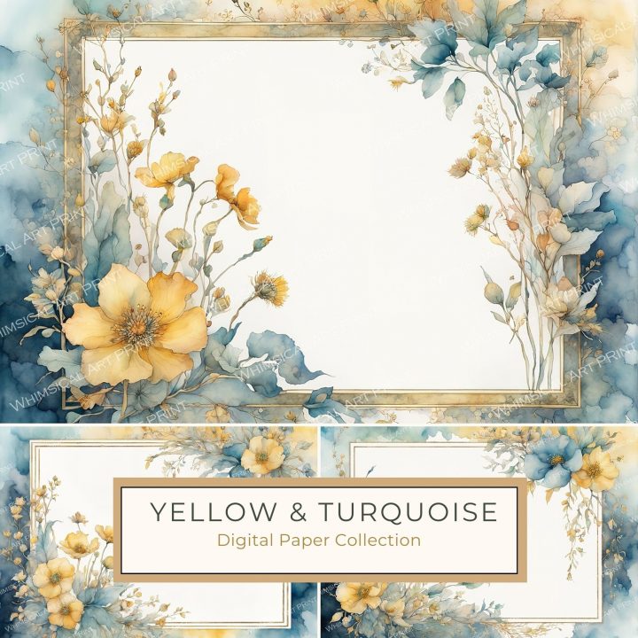 Watercolor Wildflower Frame - Yellow and Blue Floral Digital Paper, watercolor frame, yellow flowers, blue florals, wedding stationery, scrapbook design,1713951974