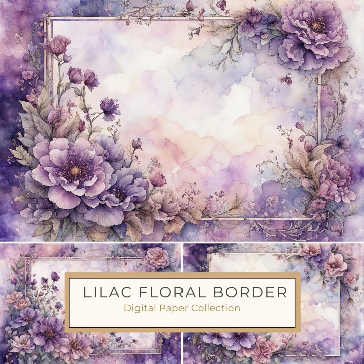 Elegant Watercolor Floral Border with Pastel Purple and Pink Blooms, watercolor floral, purple flowers, digital border, pastel blooms, wedding stationery,1717902767