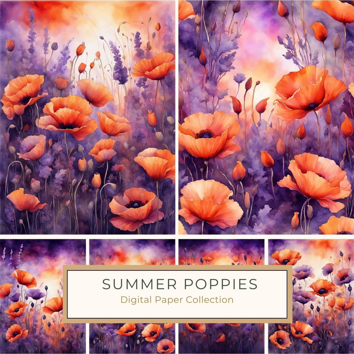 Vivid Watercolor Floral Landscape with Poppies and Purple Accents, watercolor poppies, floral digital paper, orange and purple flowers, scrapbooking backgrounds, DIY card making,1718679057