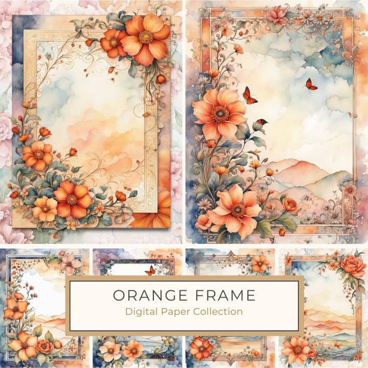 Watercolor Orange Floral Frame Digital Paper - Perfect for Scrapbooking & Invitations, watercolor floral frame, orange flowers digital paper, scrapbook background, wedding invitation design, DIY craft supplies,1722366339