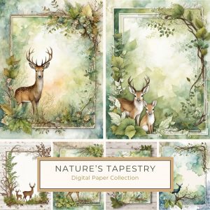 Watercolor Woodland Deer Digital Paper for Crafting and DIY Projects, watercolor deer, woodland digital paper, forest nature art, crafting background, rustic greenery,1726739743